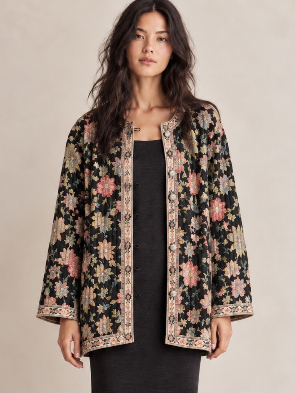 SAM HILU'S COLLECTION VINTAGE QUILTED COTTON BOTANICAL JACKET LARGE ART TO WEAR